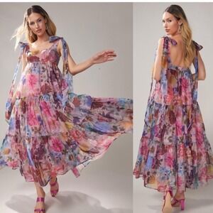 Audrey Parks Maxi Dress Floral Print Pink‎ Boho Festival Large